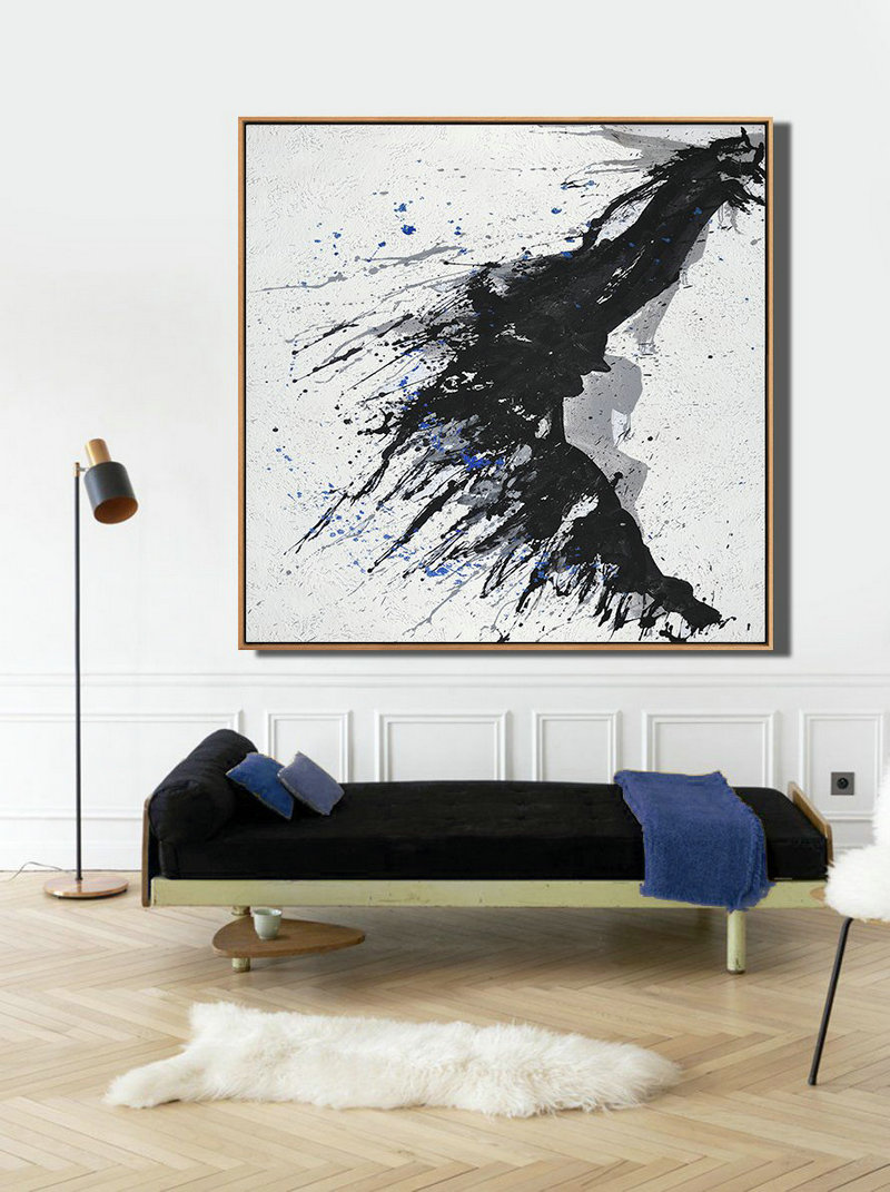 Handmade Large Contemporary Art,Minimalist Drip Painting On Canvas, Black, White, Grey, Blue - Modern Art Abstract Painting